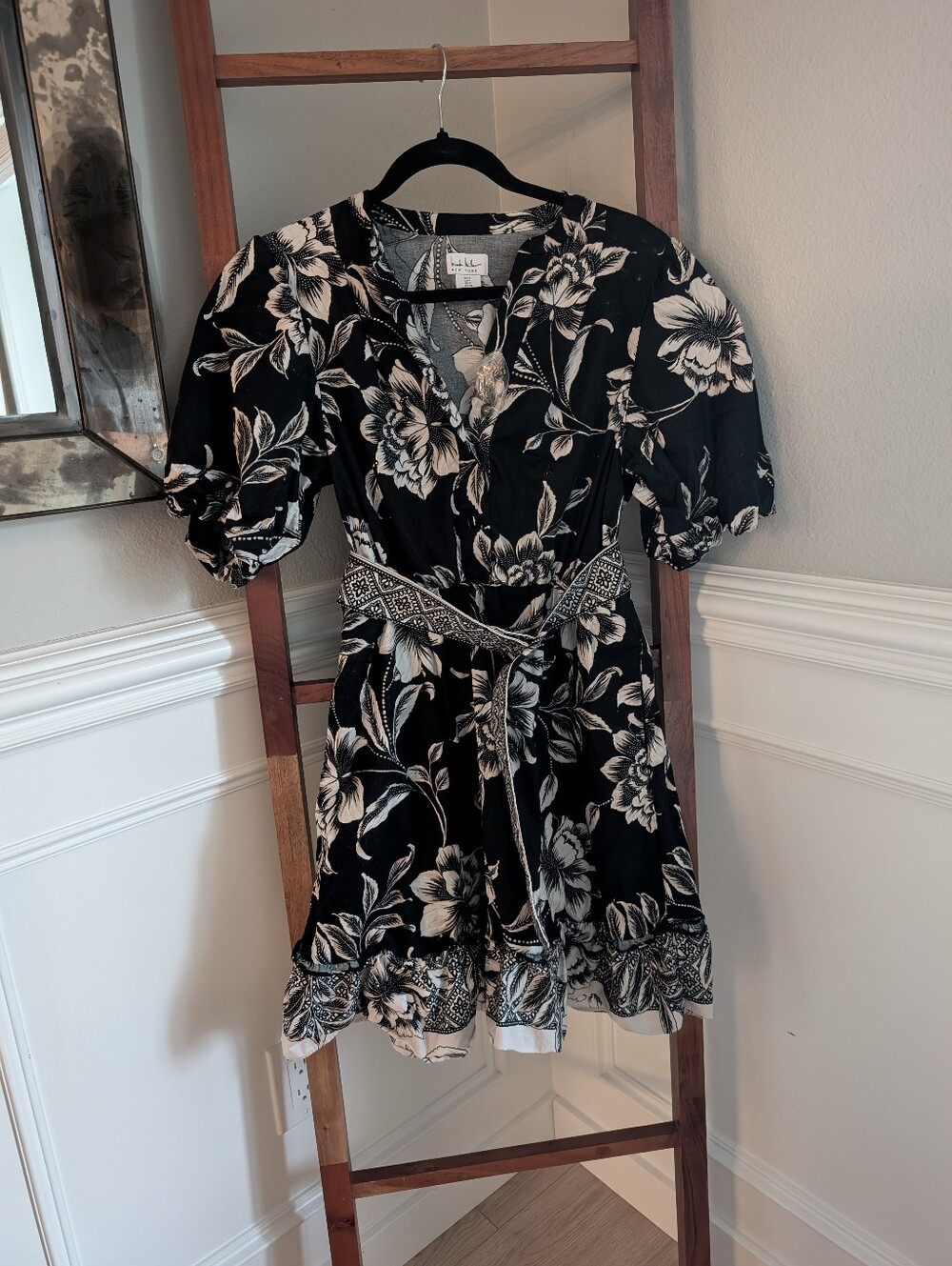 Cotton Button Front Black Floral Puff-Sleeve Dress